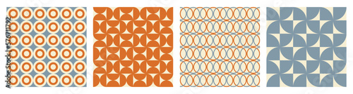 Trendy retro set geometric seamless patterns with colorful semicircles and circles. Modern abstract background. Orange, beige and blue colors. Vector illustration