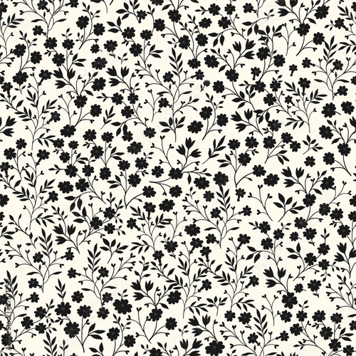 Vintage seamless tiny floral pattern. Light background with small black flowers. Design for wallpaper, clothing, packaging, fabric, cover, textiles