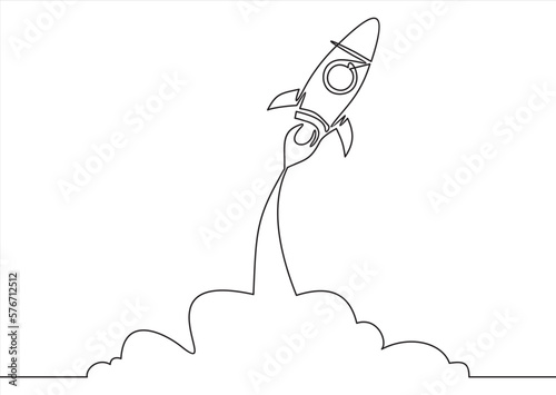 Business project Start Up concept with rocket ship in one line drawing style. Web banner with Launching a spaceship. Editable stroke. Vector illustration