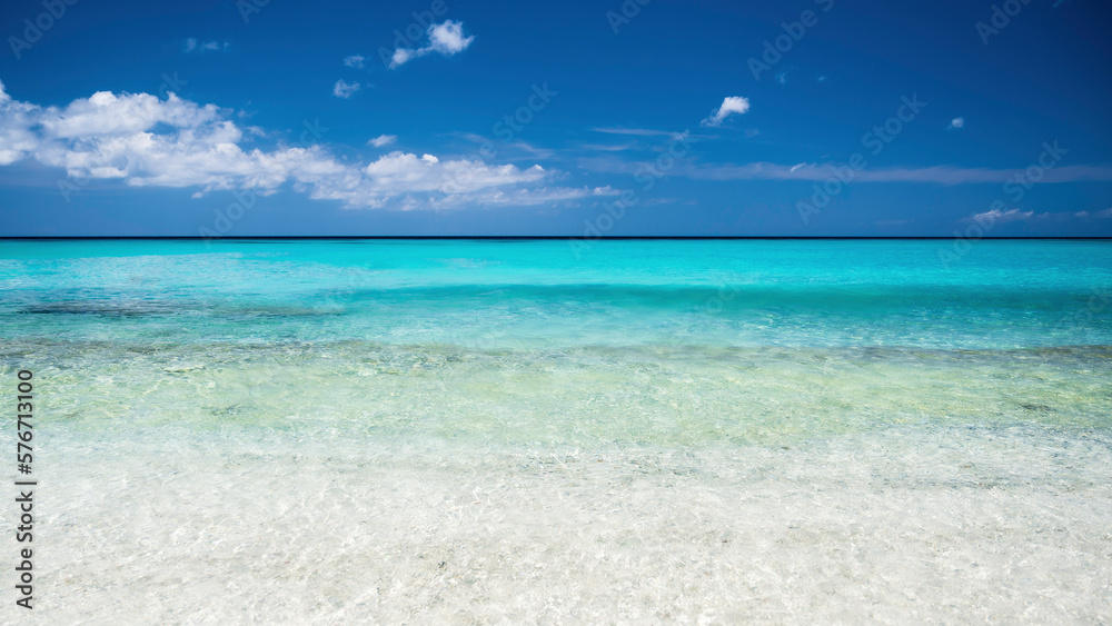 A tropical ocean, with a crystal clear, turquoise sea. The location is Grote Knip beach, on the Dutch Caribbean island of Curacao, famous for it's blue water