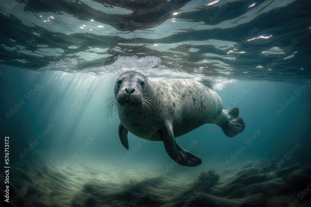 A sea lion swims underwater in a tidal lagoon, a sea lion coming to you underwater. Ai generative - obrazy, fototapety, plakaty 