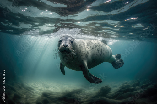 A sea lion swims underwater in a tidal lagoon, a sea lion coming to you underwater. Ai generative