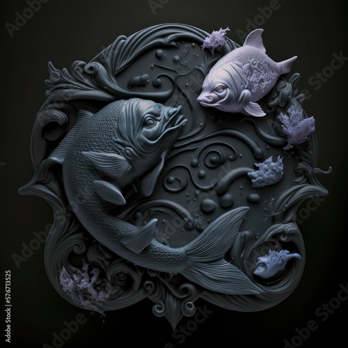 Zodiac sign of Pisces, fantasy dark fish disc ,made with Generative AI