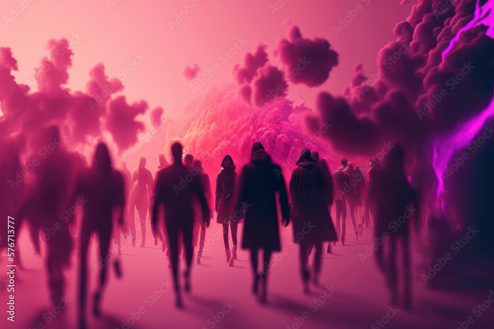 Group of people walking towards a large spiritual looking light in the mist ,made with Generative AI Group of people walking towards a large spiritual looking light in the mist ,made with Generative AI