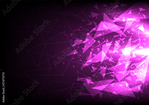 Abstract mirror fractal background. Glass explosion glow neon light. Triangle polygon shape broken