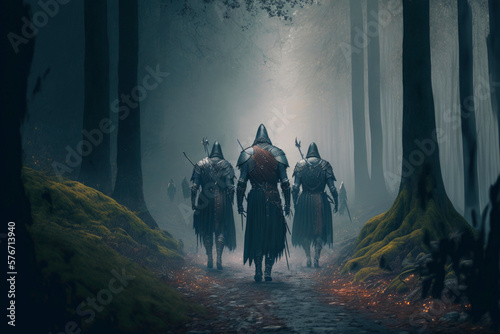 Fotografia Medieval warriors in the epic foggy forest ,made with Generative AI