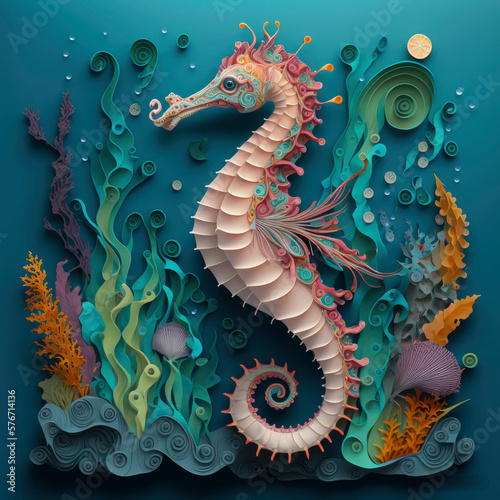 Paper cut design of colorful underwater world with sea horse ,made with Generative AI