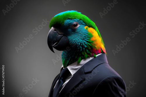 Portrait of a parrot dressed in a formal business suit ,made with Generative AI