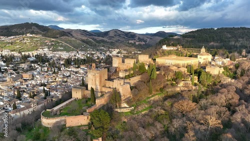 Aerial footage of the Alhambra palace and fortress in Granada, Andalusia, in Spain.