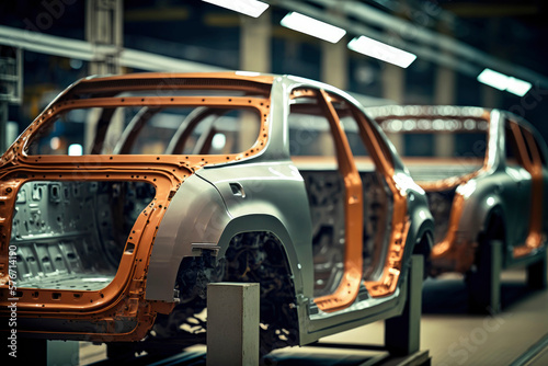 Vehicle shells moving along a production line in a newer model vehicle ,made with Generative AI