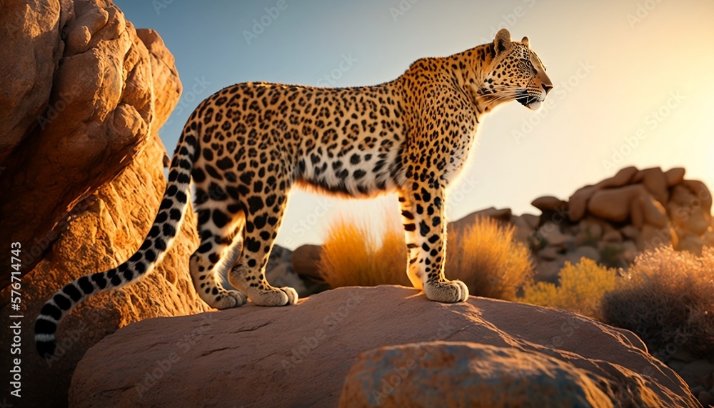 Fototapeta premium leopard in the rock, side view, golden hour
