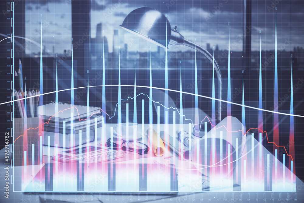 Double exposure of stock market graph drawing and office interior background. Concept of financial analysis. Double exposure of stock market graph drawing and office interior background. Concept of financial analysis.