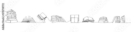 A set of several books of different sizes, angles one line art. Continuous line drawing of book, library, education, school, study, literature, knowledge, read, learn page reading