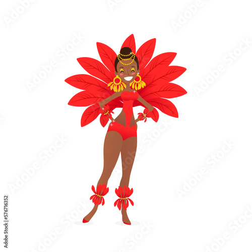Brazilian samba dancer. Cartoon illustration of a pretty girl wearing a carnival costume isolated on a white background. Vector 10 EPS.