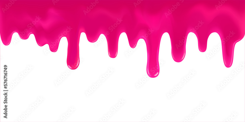 Pink icing or syrup drip. Seamless dripping sweet raspberry jam. Melted strawberry splash. Realistic leaking sauce dripping. Paint or varnish of rich pink color, isolated on white back., copy space