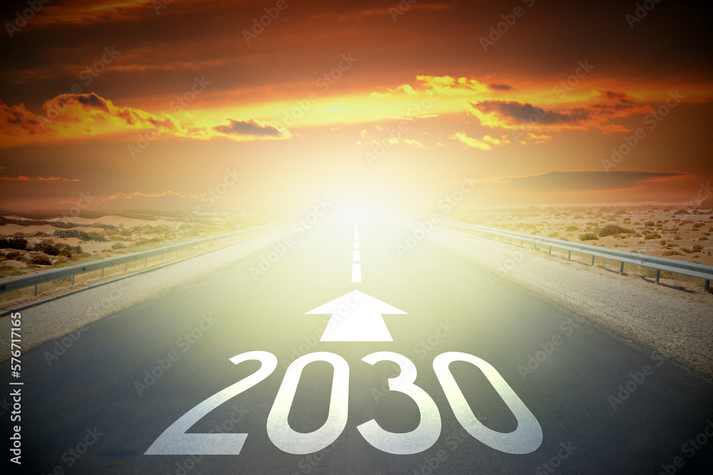 2030 - empty road on a desert and sunset sky - obrazy, fototapety, plakaty 