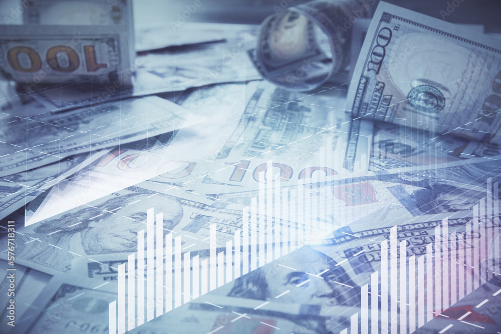 Fototapeta premium Multi exposure of forex chart drawing over us dollars bill background. Concept of financial success markets.