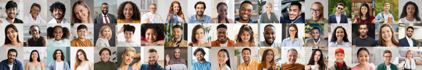 Positive multicultural people smiling at camera, set of photos, banner