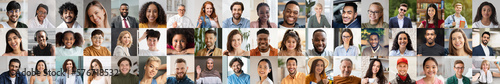 Positive multicultural people smiling at camera, set of photos, banner