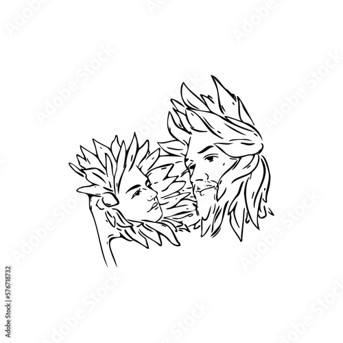 Man, woman, sunflowers sketch vector illustration on a transparent background