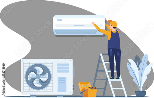 Professional worker of ventilation repair service in blue uniform stand on ladder fix or install air-conditioner on wall in office, house, appertment. Vector illustration. Vector illustration