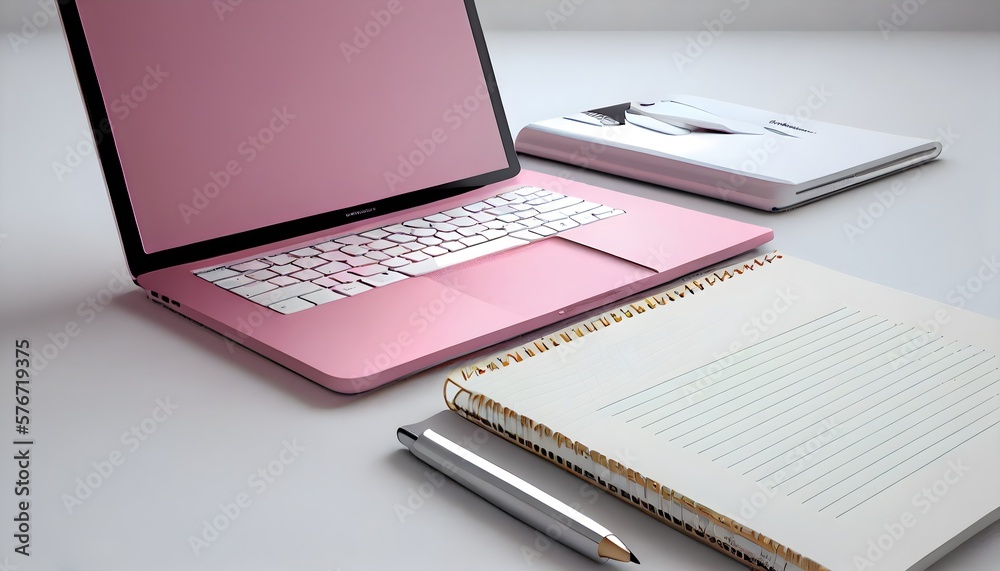 Modern header, top view image or banner with laptop computer, smartphone, air plant, open notebook and feminine accessories on bright blush background, home office scene, flat lay. Generative AI Modern header, top view image or banner with laptop computer, smartphone, air plant, open notebook and feminine accessories on bright blush background, home office scene, flat lay. Generative AI