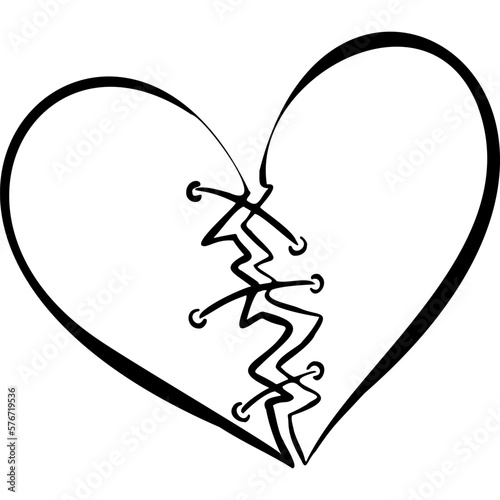 Two parts of the heart sewn with thread sketch hand draw