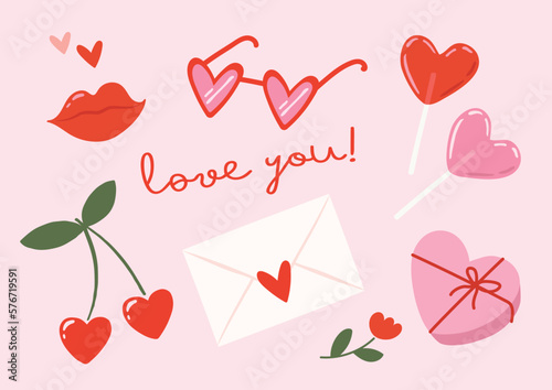 Cute Vector Set Of Hand Drawn Valentine’s Day Elements On Pink Background. 