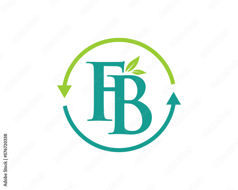 F and B letter with green leaves and upside down arrow logo F and B letter with green leaves and upside down arrow logo