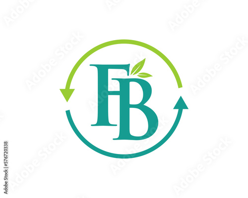 F and B letter with green leaves and upside down arrow logo