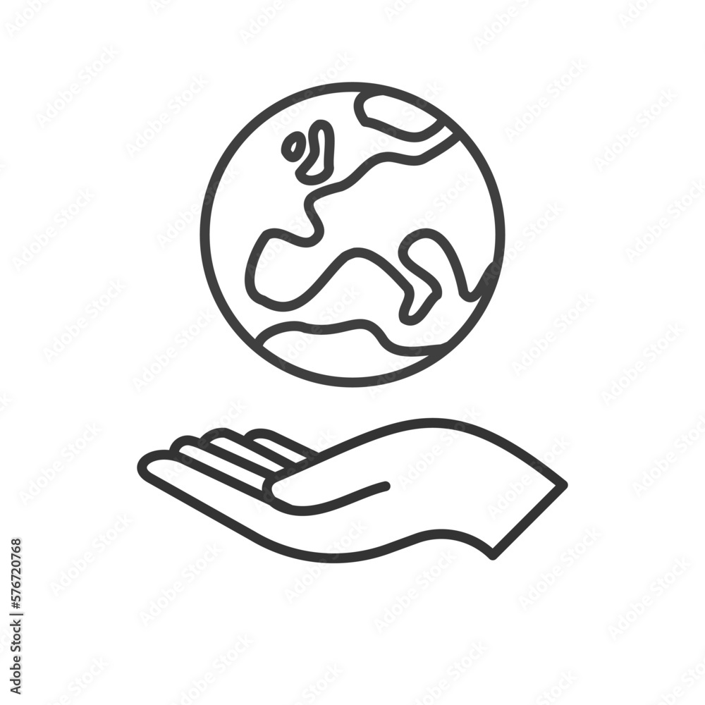 Obraz premium Hand holding planet earth, linear vector icon. Save the planet. Earth day symbol. World Environment Conservation.
