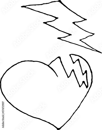 Heart, lightning sketch vector illustration on white background