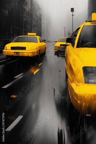 Abstract cabs in the streets, oil paint style Fototapet