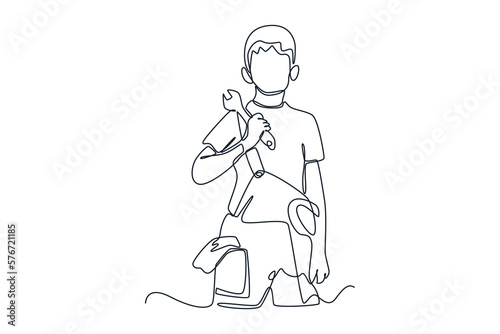 Single one line drawing happy boy mechanic standing and holding wrench set. Auto service concept. Continuous line draw design graphic vector illustration.