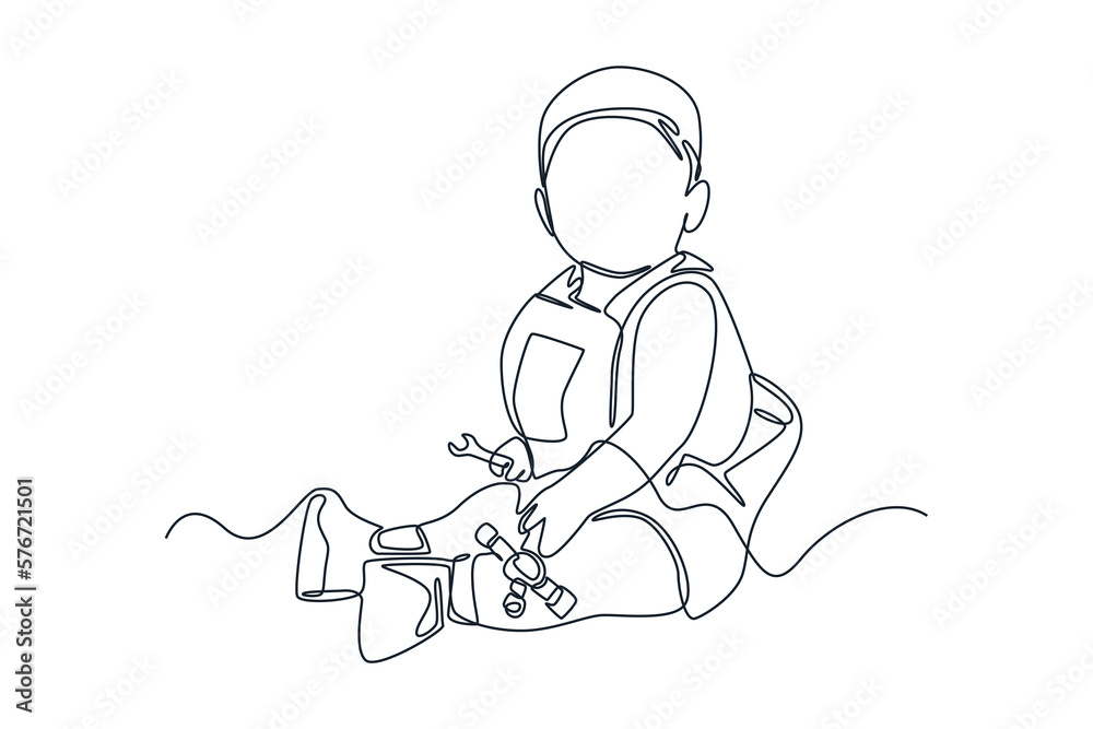 Single one line drawing cute little boy mechanic sitting and holding wrench set. Auto service concept. Continuous line draw design graphic vector illustration.