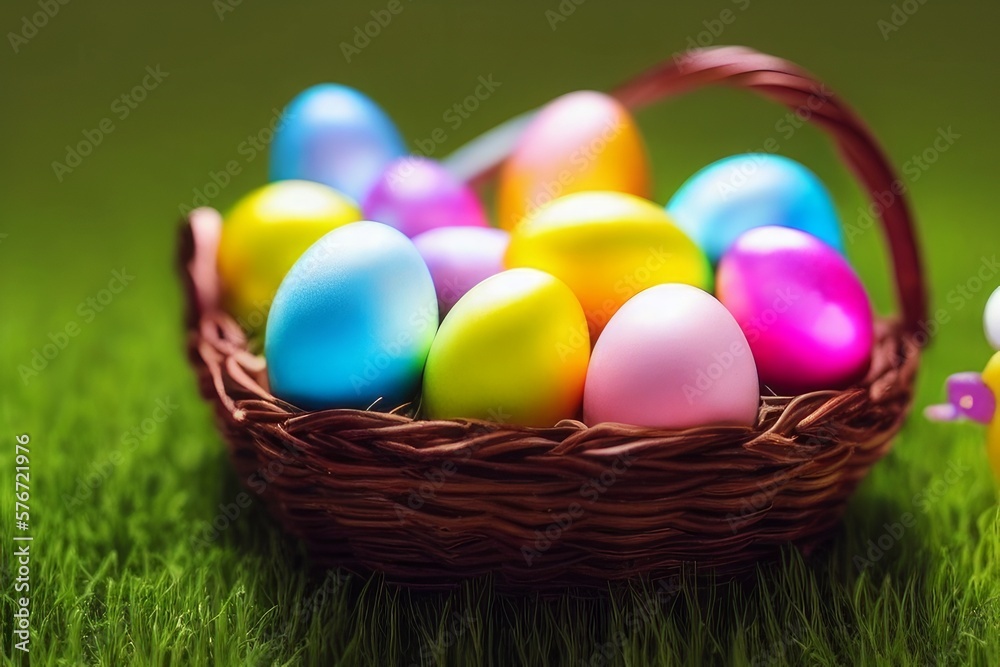 basket with Easter eggs. Photo theme - Easter cute bunny fantasy art GENERATIVE AI