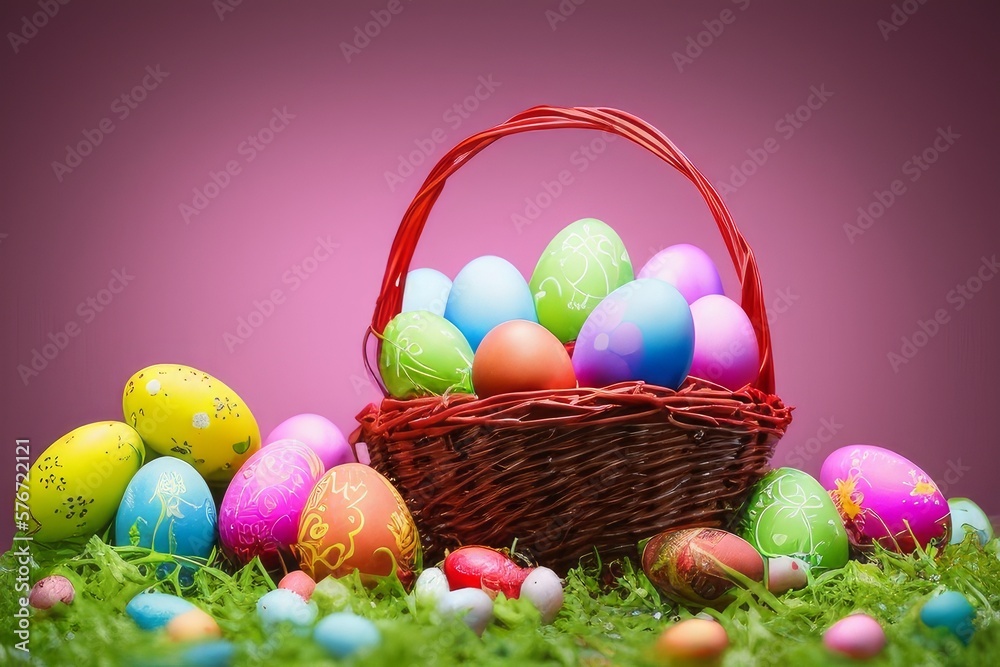basket with Easter eggs. Photo theme - Easter cute bunny fantasy art GENERATIVE AI