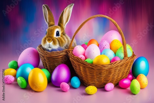 basket with Easter eggs. Photo theme - Easter cute bunny fantasy art GENERATIVE AI