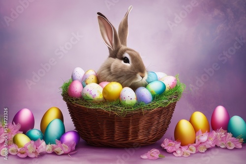 basket with Easter eggs. Photo theme - Easter cute bunny fantasy art GENERATIVE AI