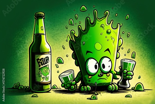 Funny green cartoon St. Patrick`s Day mascot or Easter green beer drinking on the occasion of Green Thursday (Maundy Thursday, Holy Thursday). Generative AI