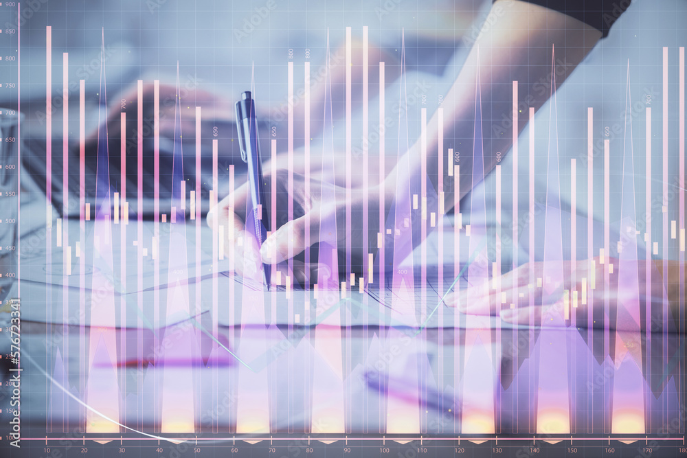 Multi exposure of woman hands typing on computer and financial chart hologram drawing. Stock market analysis concept. Multi exposure of woman hands typing on computer and financial chart hologram drawing. Stock market analysis concept.