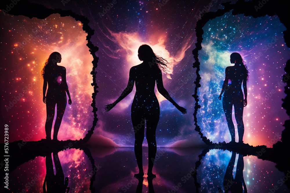 glowing silhouettes of women on space background