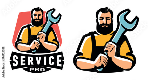 Worker with wrench. Engineer, technician, mechanic emblem. Workshop, technical service logo. Vector illustration