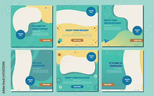Holiday travel, traveling or summer beach travelling social media post or web banner template design. Tourism business marketing flyer or poster with abstract digital background, logo and icon.
