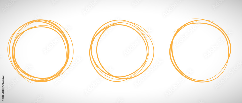 Orange circle line hand drawn set. Highlight hand drawing circle isolated on background. Round handwritten circle. For marking text, note, mark icon, number, marker pen, pencil and text check, vector Orange circle line hand drawn set. Highlight hand drawing circle isolated on background. Round handwritten circle. For marking text, note, mark icon, number, marker pen, pencil and text check, vector