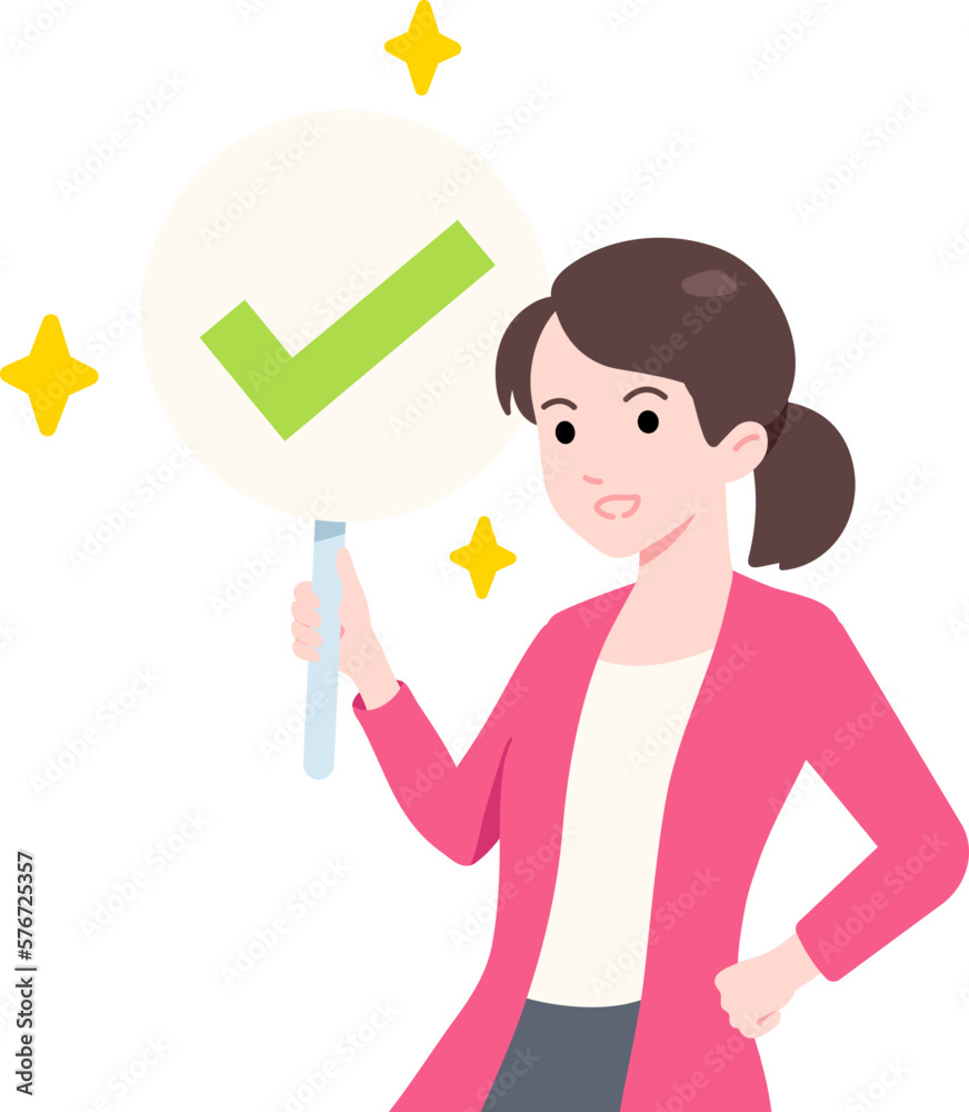 Female Entrepreneur holding a Check Mark Sign and Feeling Happy Business Scene Concept Flat Female Entrepreneur holding a Check Mark Sign and Feeling Happy Business Scene Concept Flat