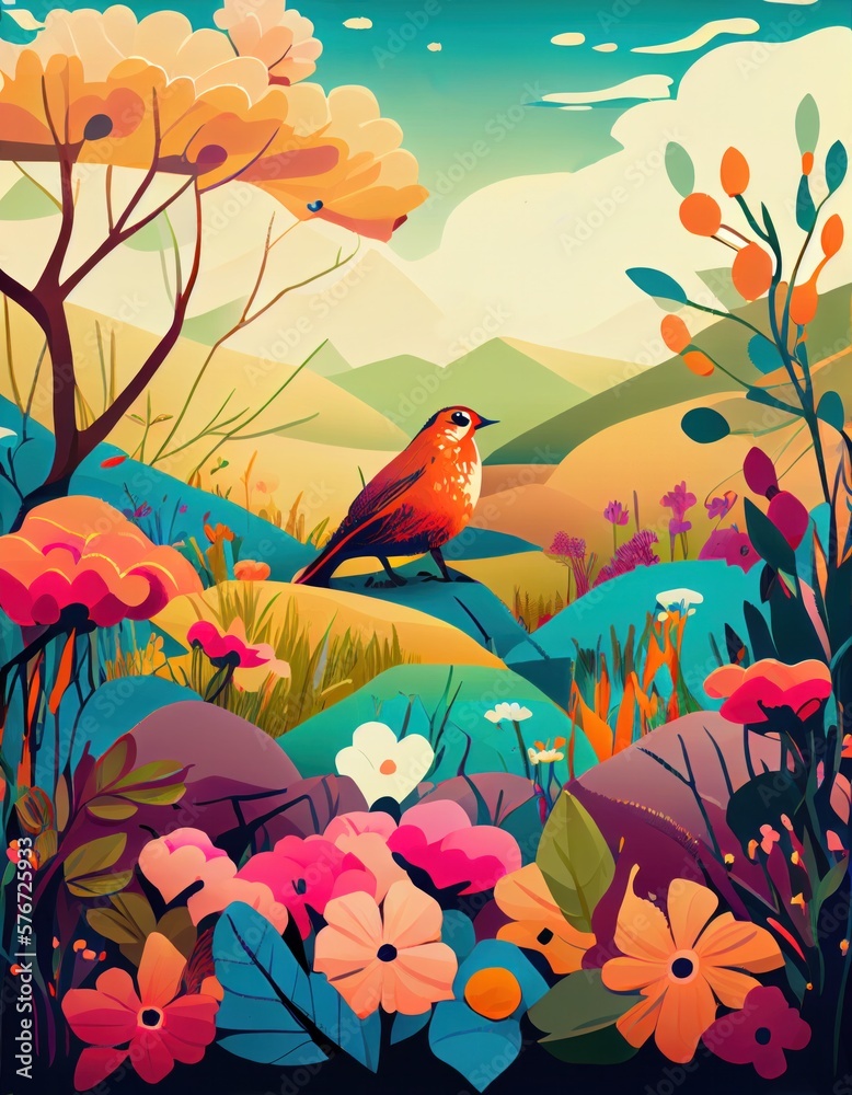 colourful spring or summer landscape illustration with birds and flowers, generative ai