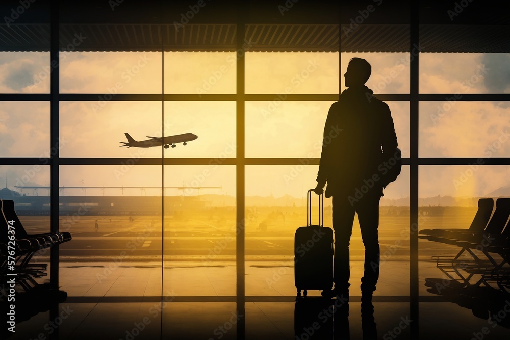 Male passenger with hand luggage at the airport. Airline travel concept. Generative AI Male passenger with hand luggage at the airport. Airline travel concept. Generative AI