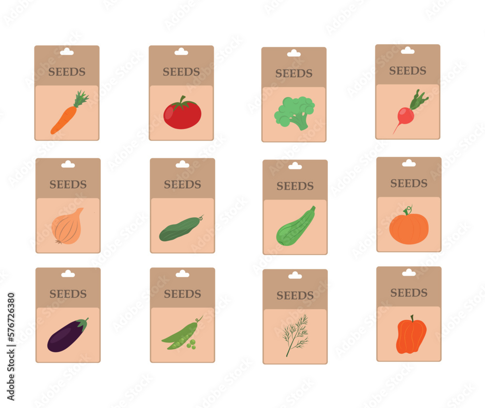 Set of vegetable seeds packages watercolor illustration isolated on white background. Vegetable seeds package watercolor collection.