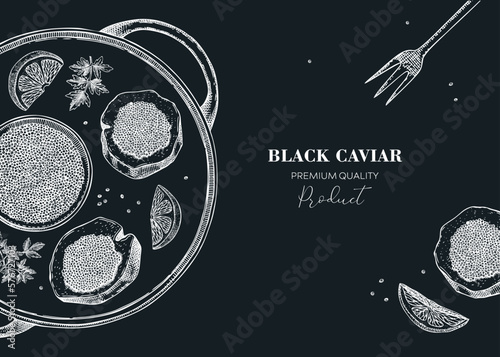 Hand drawn tray with black caviar canape with lemons and spices banner design on chalkboard. Canned seafood sketches. Vector illustration in vintage style.